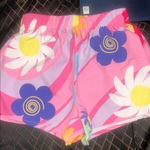 Zara Pink Floral Athletic Shorts with Purple & Yellow Flowers